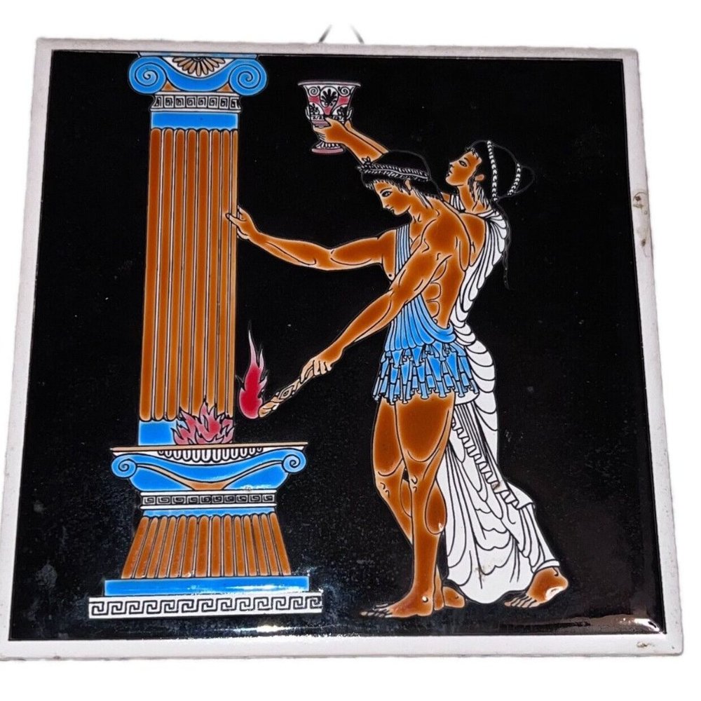 Vintage Greek Mythology 5th Century Athlete Olympic Flame Hand Made Tile Rare
